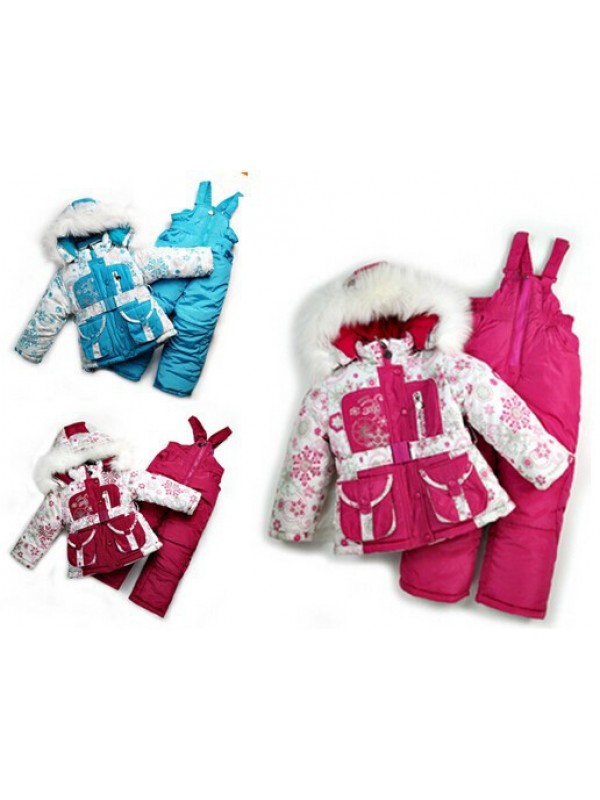 2014 New Children's Winter Clothing   baby girl Ski Suit Windproof Down Coat Flower Warm Coats Fur Jackets+Bib Pants 3 Colors