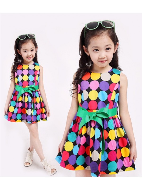 Summer Girls Fashion Rainbow Color Polka Dot Sleeveless Round Neck Big Green Ribbon Bow Belt Cotton Princess Party Show Skater Dress Free Shipping