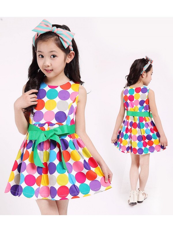 Summer Girls Fashion Rainbow Color Polka Dot Sleeveless Round Neck Big Green Ribbon Bow Belt Cotton Princess Party Show Skater Dress Free Shipping