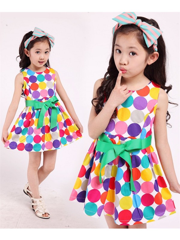 Summer Girls Fashion Rainbow Color Polka Dot Sleeveless Round Neck Big Green Ribbon Bow Belt Cotton Princess Party Show Skater Dress Free Shipping