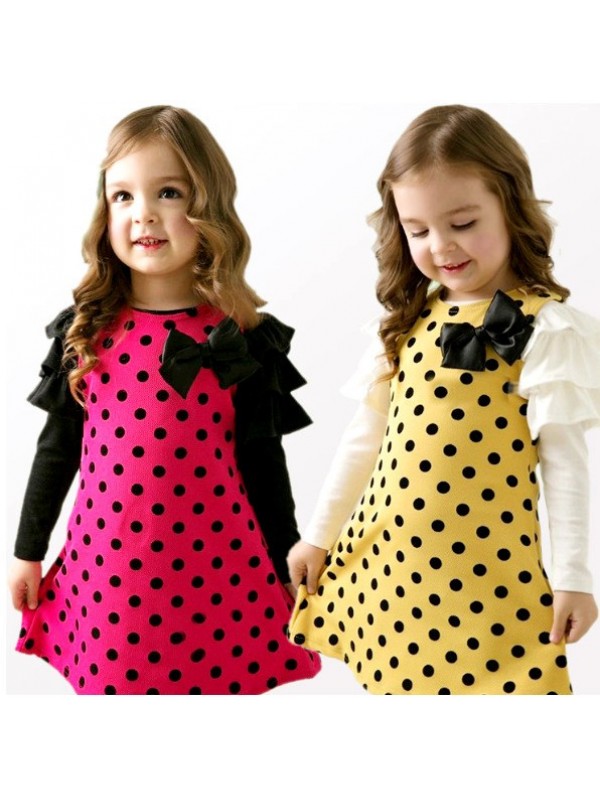 Sweetheart Baby Girls Toddler Kids Cute Polka Dot Long Flounced Sleeve Ribbon Bow Front Cotton Princess Party Dress Free Shipping