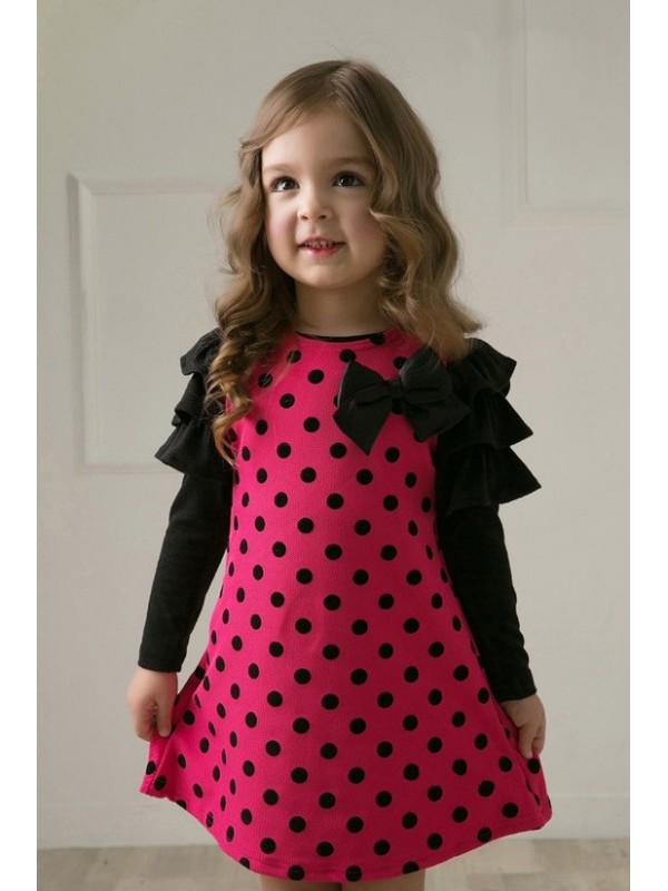 Sweetheart Baby Girls Toddler Kids Cute Polka Dot Long Flounced Sleeve Ribbon Bow Front Cotton Princess Party Dress Free Shipping