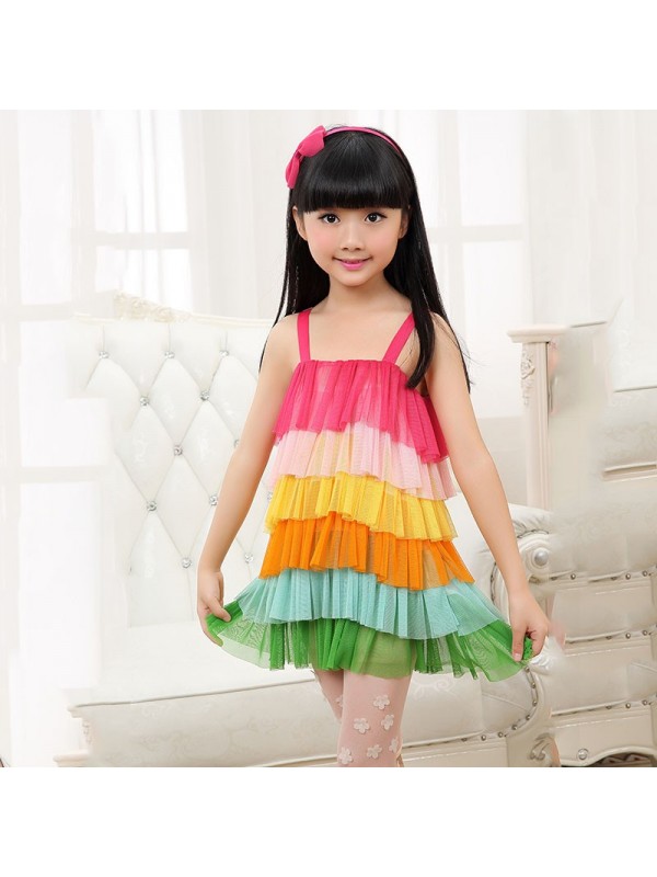 2015 Rainbow splicing dress with shoulder-straps rainbow children summer style beach bohemian toddler girl dresses