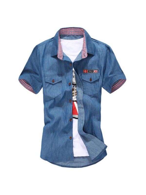 2015 New Mens Shirts Lattice neckline And Cuffs Short Sleeve Shirt Korean Style Summer Camisa Masculina M-XXL 13038