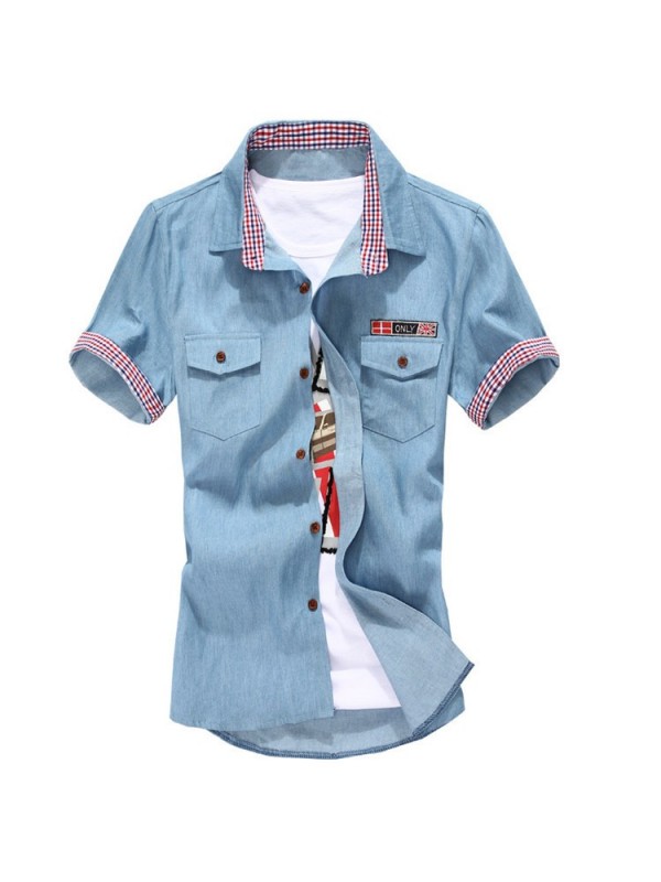 2015 New Mens Shirts Lattice neckline And Cuffs Short Sleeve Shirt Korean Style Summer Camisa Masculina M-XXL 13038