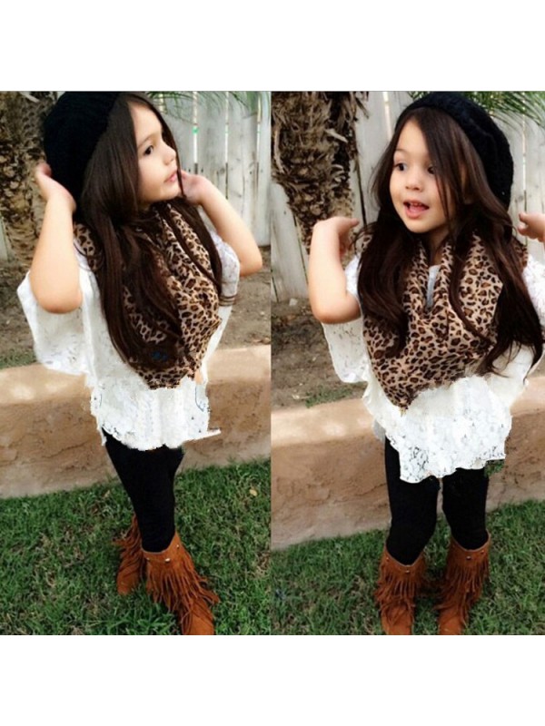 Children baby New Fashion Vest + Lace tops + Leggings + scarf 4 piece suit girl dress 2-7 Y