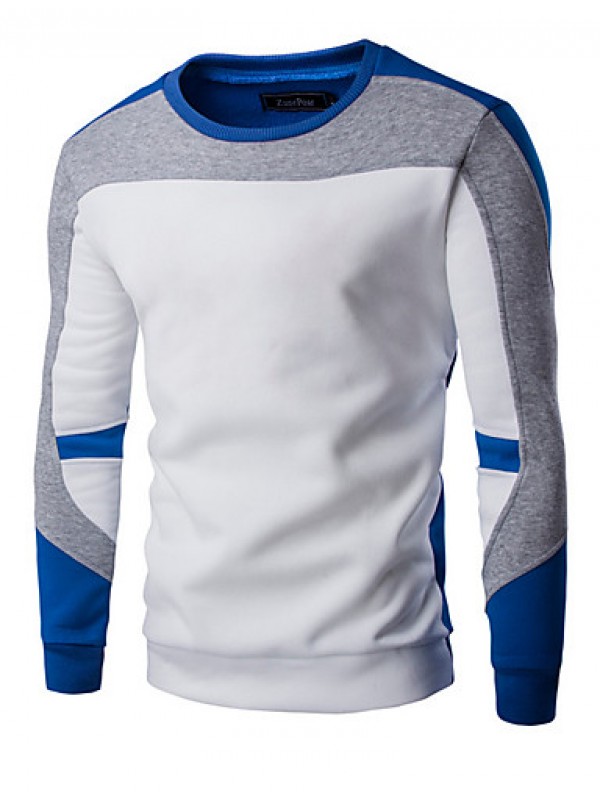 Men's Casual/Daily / Sports Simple / Active Regular Hoodies,Color Block Blue / White / Black Round Neck Long Sleeve Cotton Spring / Fall