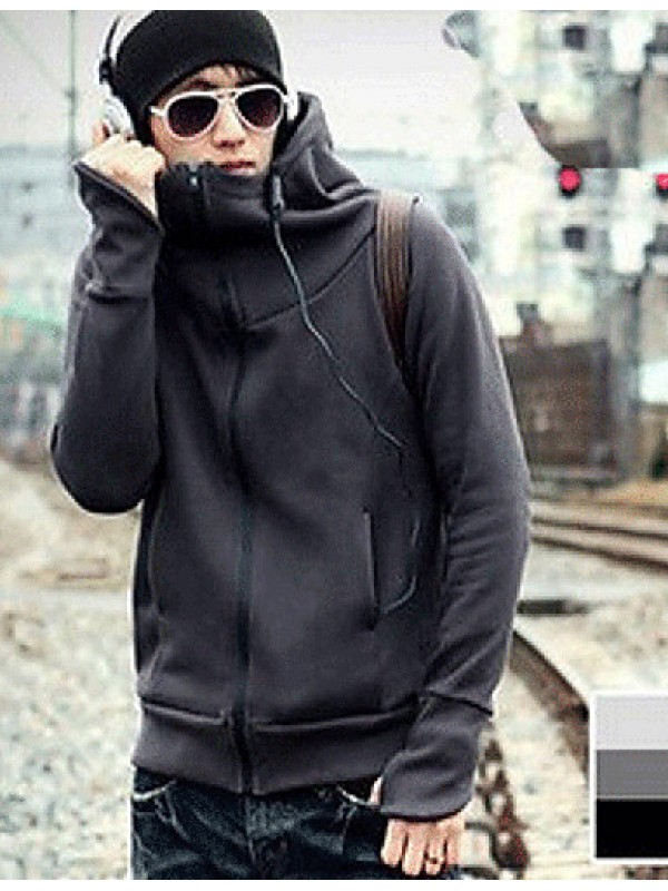 Men's Long Sleeve Hoodie & Sweatshirt,Cotton / Polyester Solid