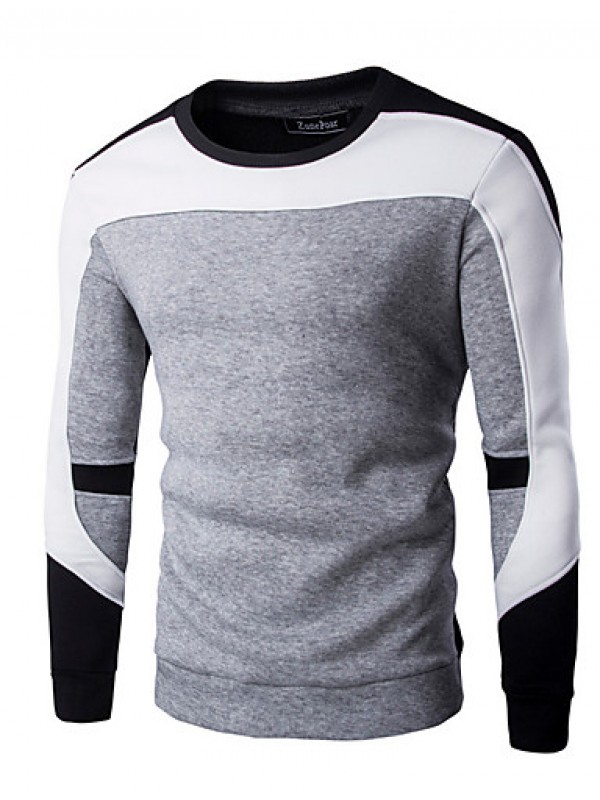 Men's Casual/Daily / Sports Simple / Active Regular Hoodies,Color Block Blue / White / Black Round Neck Long Sleeve Cotton Spring / Fall